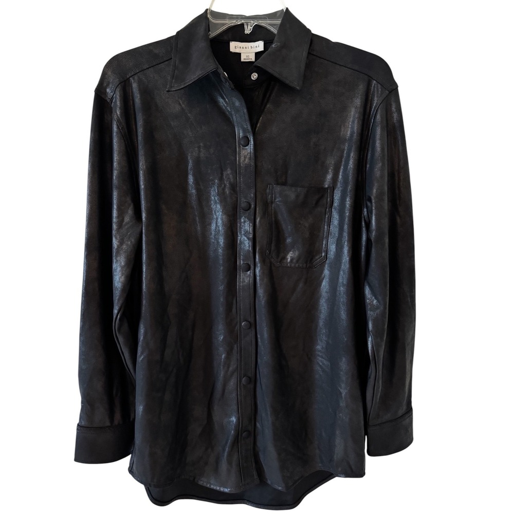 Gianni Bini Abriella Luxe Black Faux Leather Shacket Shirt Jacket XS 70372KN1121